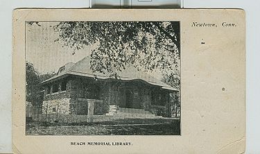 Before the Booth library there was the Beach Memorial Library, pictured here in a postcard mailed in 1910 PostcardBeachMemorialLibraryNewtownCtPM1910.jpg