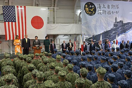 Prime Minister Shinzo Abe and President Donald Trump make a speech on the JS Kaga