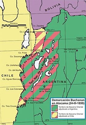 Carte de la Puna de Atacama (hachuré en rouge) partagée entre le Chili (en jaune) et l'Argentine (en vert), au sud de la Bolivie (en violet).