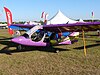 A purple ultralight aircraft sits on grass in front of tents.