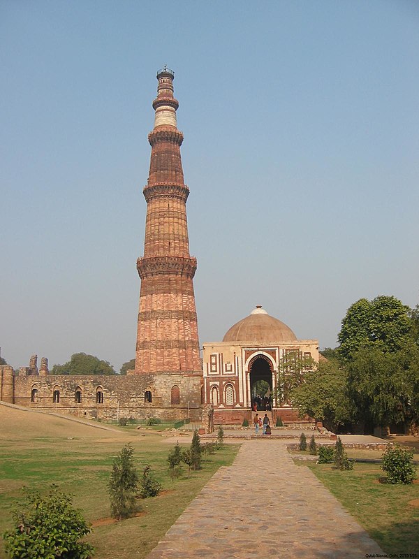 The Qutb Minar in Delhi was started by Qutb al-Din Aibak in 1199 and completed by his son-in-law Iltutmish in 1220. It is an example of the Mamluk dyn