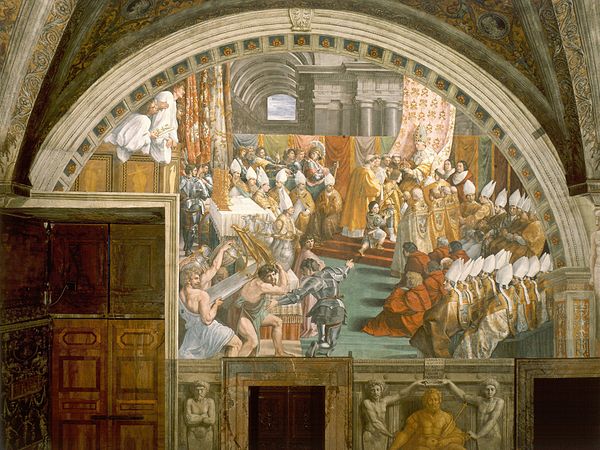 The Coronation of Charlemagne, fresco from the workshop of Raphael depicting the crowning of Charlemagne as Imperator Romanorum by Pope Leo III on Chr