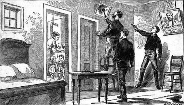 On April 3, 1882, Jesse James stepped up on a chair to dust a picture, and Robert Ford seized the opportunity and shot James in the back of the head.