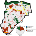 Grondgebruik: rood = bebouwing, groen = bos, wit = landbouwgrond, zwart-witte streep = spoorlijn, gele en geel-rode strepen zijn hoofdwegen.