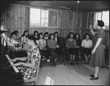 Music class at the Rohwer Relocation Center Rohwer Relocation Center, McGehee, Arkansas. A Music class. Vocal lessons are taught by Miss Leola . . . - NARA - 538951.tif