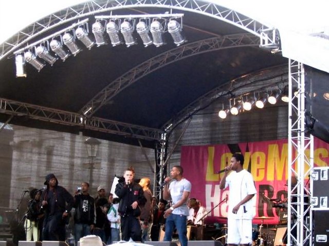Roll Deep, a well-known grime crew, performs at the 2006 Love Music Hate Racism festival