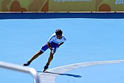 Deutsch: Badminton bei den Olympischen Jugendspielen 2018; Tag 2, 8. Oktober 2018; Aufwärmen Viertelfinale Jungen English: Roller speed skating at the 2018 Summer Youth Olympics; day 2, 8 October 2018 – Boys Quarterfinals warm up