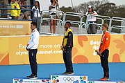 Deutsch: Badminton bei den Olympischen Jugendspielen 2018; Tag 2, 8. Oktober 2018; Siegerehrung Jungen English: Roller speed skating at the 2018 Summer Youth Olympics; day 2, 8 October 2018 – Boys Victory Ceremony