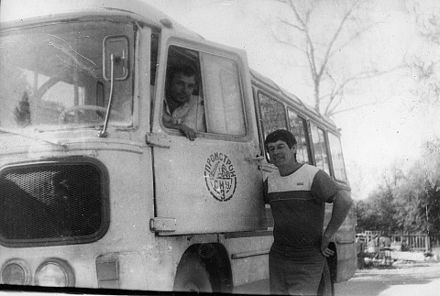 Drivers of the Promstroy cooperative. They were involved in the transportation of people between the villages of Solnechny, Allakh-Yun and Ust-Maya in Yakutia in 1989–1990. And the transportation of goods: took cargo in the port of Ust-Maya. The workers of Promstroi (about 100 people) built (1) a building for BELAZ in Solnechny and (2) a building for the PROK-400 modular processing plant in Allakh-Yun for processing gold (400 tons of ore per day).