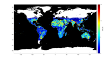 CYGNSS measurements of land surface scattering for the month of December 2017. Changes in soil moisture and the extent of inland waterways affect the measurements. SNR Global 2018-12.png