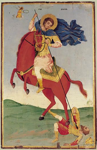 Modern Bulgarian icon of Demetrius spearing the gladiator Lyaeus, who is dressed in rather Turkish style (1824).