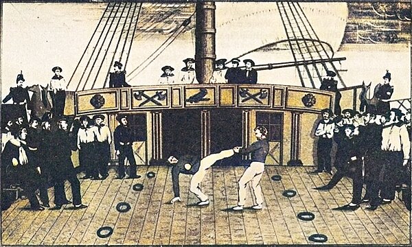 Illustration from 1847 of French sailors practicing savate on a ship.