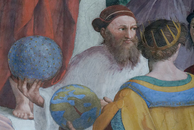 The figure on the left may be Hipparchus, from Raphael’s fresco The School of Athens