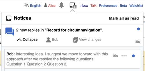Une capture d'écran montrant les notifications qu'un utilisateur reçoit lorsqu'un nouveau commentaire est publié dans une section de page de discussion à laquelle il s'est abonné.