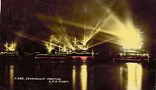 Great White Fleet in Sydney Harbour, 1908 Searchlight practice, USA Fleet Sydney1908.jpg