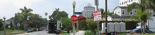 A view of Larchmont and a filming setup, 2012 Setting up on location.jpg