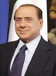 Silvio Berlusconi, Prime Minister from 1994 to 1995, from 2001 to 2006 and from 2008 to 2011 Silvio Berlusconi (2010) cropped.jpg