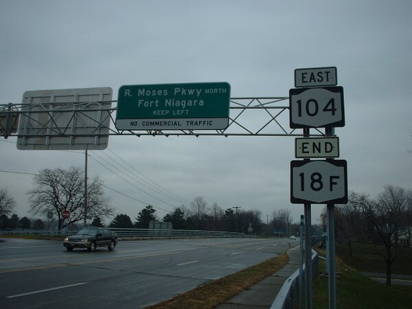 Ridge Road changes designations from NY 18F to NY 104 east of Lewiston.