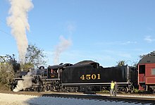 No. 4501 preparing to depart East Chattanooga station with the Summerville Steam Special excursion on October 4, 2014 Southern 4501 at Tennessee Valley Railroad Museum, October 4, 2014.jpg