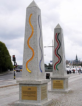 Two obelisks on Strandvägen in Stockholm, Sweden, display the quality of air and water