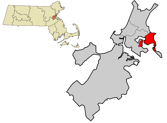 マサチューセッツ州におけるサフォーク郡（左図）と同郡におけるウィンスロップ市の位置