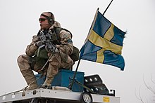 Swedish soldier in Afghanistan, 2008. The Swedish military contributed to International Security Assistance Force, a NATO-led mission security mission following the 2001 invasion of Afghanistan. Swedish forces in Afghanistan.jpg