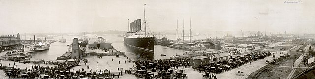 RMS Lusitania arriving in New York in 1907. As the primary means of trans-oceanic voyages for over a century, ocean liners were essential to the trans