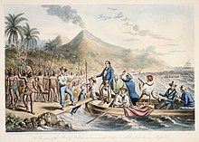 English missionary John Williams, active in the South Pacific The Reception of the Rev. J. Williams, at Tanna, in the South Seas, the Day Before He Was Massacred, 1841 (B-088-015).jpg