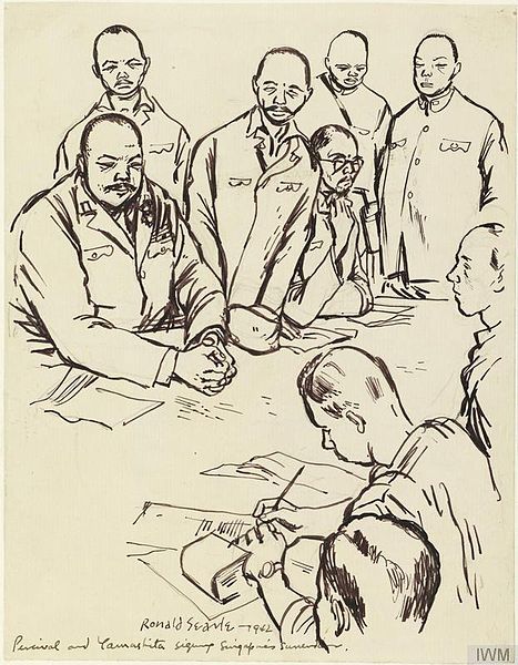 File:This drawing, sketched after a Japanese Press photograph, records the signing for the surrender of Singapore. The main Japanese figure sitting on the far left is General Yamashita; Colonel Percival, the British Art.IWMART157471.jpg