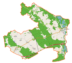 Mapa konturowa gminy Trzciel, blisko prawej krawiędzi znajduje się punkt z opisem „Parafia pw. św. Wojciecha, Biskupa i Męczennika w Trzcielu”