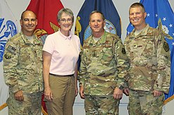 Lieutenant General Jeffrey L. Harrigian during his tenure as commander of U.S. Air Forces Central Command with Secretary of the Air Force Dr. Heather Wilson and United States Air Force Chief of Staff General David L. Goldfein and Deputy Commanding General for Combined Forces Land Component Command Brigadier General Andrew A. Croft at Al-Asad Airbase, Baghdad, Iraq on August 19, 2017. U.S. Air Force Distinguished Visitors in Baghdad, Iraq 170819-A-NK229-002.jpg