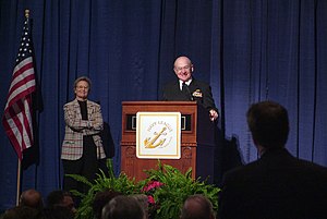 US Navy 050324-N-2383B-019 Chief of Naval Operations (CNO) Adm. Vern Clark shares the stage with the National President of the Navy League of the United States, Sheila M. McNeill, as he answers questions.jpg