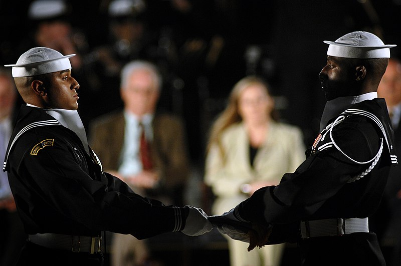 File:US Navy 071023-N-5549O-357 Members of the Navy Ceremonial Guard fold the Medal of Honor Flag that is presented to Daniel and Maureen Murphy, the parents of Navy SEAL Lt. Michael Murphy during the special ceremony in honor of th.jpg