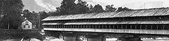 The covered wooden bridge at Ragaz survived the sparks of the steam locomotives from 1857 to 1928. VSB-Holzbrucke Ragaz.jpg