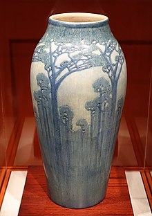 Vase with design of pine trees, Henrietta Davidson Bailey decorator, Joseph Meyer potter, 1912 Vase with design of pine trees, Newcomb Pottery, Henrietta Davidson Bailey decorator, Joseph Meyer potter, 1912, ceramic - Princeton University Art Museum - DSC06961.jpg