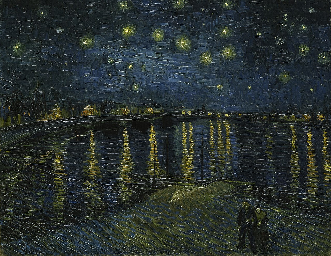 A view of a dark starry night with bright stars shining over the River Rhone. Across the river distant buildings with bright lights shining are reflected into the dark waters of the Rhone.