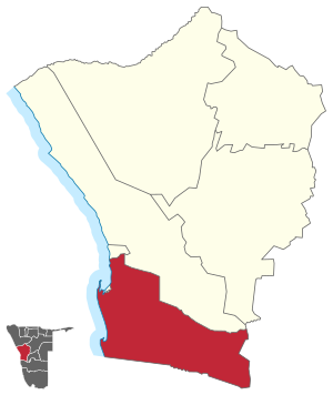 Walvis Bay Rural constituency (red) in the Erongo Region (yellow) Wahlkreis Walvis Bay-Land (2014).svg