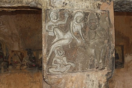 Wall carvings depicting the worship of Hanuman at Undavalli Caves in Guntur District.