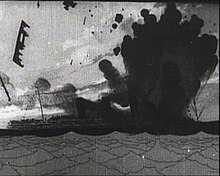 First animated propaganda film: Winsor McCay's The Sinking of the Lusitania (1918) Winsor McCay - The Sinking of the Lusitania still - Lusitania torpedoed.jpg