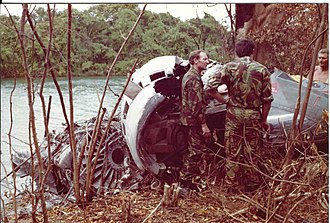 The wreckage of Harrier XW923 following its crash in May 1981. WreckofXW923.jpg