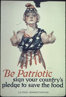 An American poster with a patriotic theme (1917), issued by the U.S. Food Administration during World War I "Be Patriotic sign your country's pledge to save the food." - NARA - 512548.jpg