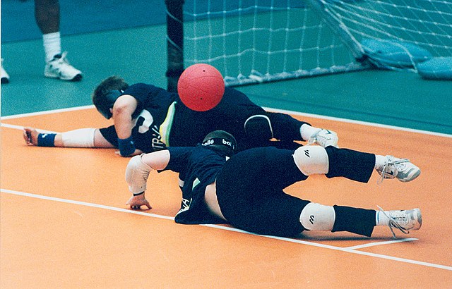 Goalballer Sarah Kennedy (Qld) makes a save for Australia at the Atlanta 1996 Paralympic Games.