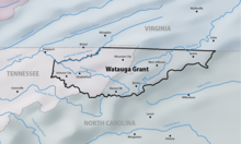 A map showing the boundaries of the 1775 Watauga or Charles Robertson Grant overlaid with present-day state borders and populated areas. 1775 Watauga Grant.png