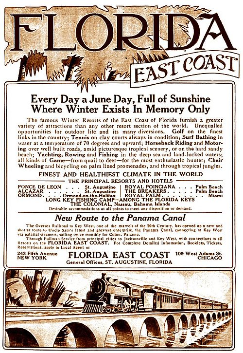 A 1913 print advertisement extols the many advantages of traveling on the Florida East Coast Railway, the "New Route to the Panama Canal".