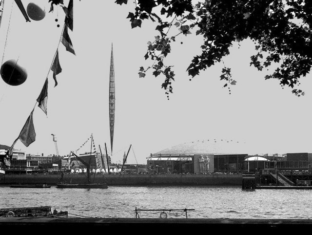 A view of the South Bank Exhibition from the north bank of the Thames, showing the 300-foot (91 m) tall Skylon and the Dome of Discovery