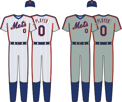 The Mets introduced their "racing stripe" uniforms in 1982–83. This variation was used during their 1986 championship season, although the road jersey had a gray collar which changed to blue in 1987 when the "Mets" script was replaced with a cursive "New York" for one season.