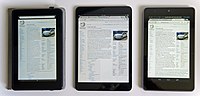 Thumbnail for File:1st gen Comparison iPad Mini &amp; Google Nexus 7 &amp; Kindle Fire Wikipedia screen 03 2013 6262.jpg