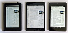 Comparison of several mini tablet computers: Amazon Kindle Fire (left), iPad Mini (center), and Google Nexus 7 (right) 1st gen Comparison iPad Mini & Google Nexus 7 & Kindle Fire Wikipedia screen 03 2013 6262.jpg