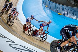 Madison exchange (in 2017), Oliver Wood (2014 winner) & Mark Stewart (2022 winner) 2017 UCI Track World Cup Milton IMG 6081 (39195624094).jpg