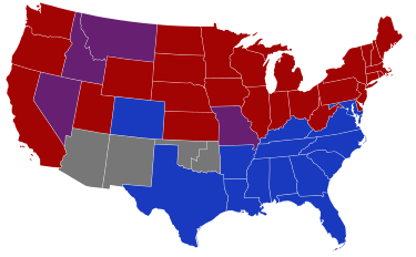 Senators' party membership by state at the opening of the 59th Congress in March 1905.
.mw-parser-output .legend{page-break-inside:avoid;break-inside:avoid-column}.mw-parser-output .legend-color{display:inline-block;min-width:1.25em;height:1.25em;line-height:1.25;margin:1px 0;text-align:center;border:1px solid black;background-color:transparent;color:black}.mw-parser-output .legend-text{}
2 Democrats
1 Democrat and 1 Republican
2 Republicans
Territories 59th United States Congress Senators.svg